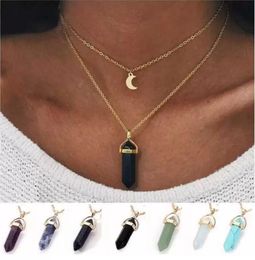 Womens pendant necklaces golded silver Glass hexagonal column neck chain fashion double moon crescent bullet head Pendant Necklace