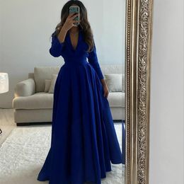 Long Sleeve Chiffon V-Neck Evening Dresses With Slit A-Line Floor Length Prom Gowns Robe de soiree for Women