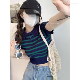 Kadınlar Tişörtler Yakası Kontrast Renk Çizgili Örgü Sweater Gömlek Bayanlar Yaz İnce Kısa Tatlı Serin Kız Kol T-Shirt Taobao