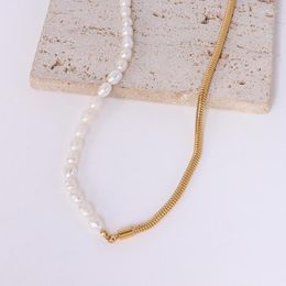 Chains Vintage Natural Pearl Chain Necklace For Women Temperament Gold Plated Choker Stainless Steel Jewelry Bijoux Femme