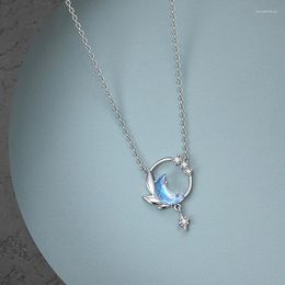 Chains Haya Studio 45cm Moon Night Necklace Pendant Crystal Zircon Silver Light Blue For Women Elegant Fine Jewellery Gifts