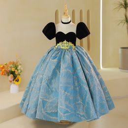 Flower Girl Dresses Jewel Neck Ball Gown Lace Appliques Beads With Bow Gkids Girls Gold Blue Pageant Dress Sweep Train Birthday Gowns 403