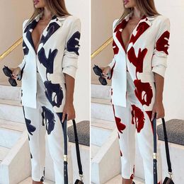 Women's Two Piece Pants 2 Pcs/Set Women Blazer Suit Vintage Printed Lapel Long Sleeve Single Button Coat Ankle-length Office Lady Business