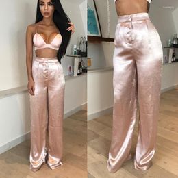 Women's Tracksuits Two Piece Suit Set Women Party Club Beach Pink Satin Silk Backless Sexy Slim Bustier Bralette Bra Crop Top And Loose Long