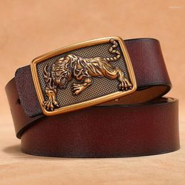 Belts Aged Metel Pin Buckle Fashion Mens Leisure Belt Split Leather Waist Strap Jeans Accessories Tiger Pattern Punk Army Funs Cinto
