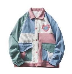 Women's Jackets 2023 Men Vintage Colour Block Patchwork Corduroy Towel Embroidery Heart Jacket Kawaii Coat Lapel Hip Hop Outwear Unisex s