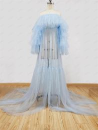 Women's Sleepwear LO&LI Chic Sky Blue See Thru Maternity Women Dress Draped Tulle Baby-shower Long Robe To Pography Vestido De Mulher