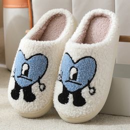 Wholesale New Fashion Accessories Cute Cartoon Bad Bunny Heart Embroidery Slippers Winter Warm Indoor Bedroom Shoes Plush Suede Unisex TPR