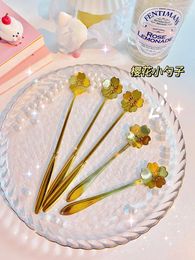 Dinnerware Sets Tea Coffee Mixing Spoon Gold Long Handle Dessert Stainless Steel Vintage Teaspoons Drink Tableware Flowers Design 1PCS