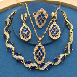 Necklace Earrings Set & Marquise Cut Blue Stones Gold Plated For Women Ring Bracelet Gift Box