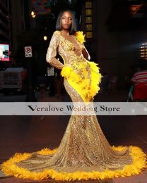 Yellow Collection Prom Dress Mermaid With feathers Long Sleeves Shinny Sequins Evening Dress For Women Cocktail Party Wear