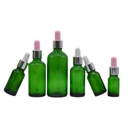 Packing Empty Clear Green Glass Bottle Rubbe Pipette Cosmetic Shiny Silver Collar White Pink Top Refillable Portable Container 5ml 15ml 20ml 30ml 50ml 100ml