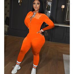 Tracksuits Plus Size Gx8547 Drop Fashion 2022 Orange Velvet Jumpsuit Women Bodysuits Ladies Long Sleeve Bodycon Velour Jumpsuits