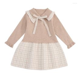 Girl Dresses Autumn Winter Sweater Dress Baby Clothes Elegant Party Little Sailor Neck Knitted Plaid Stitch