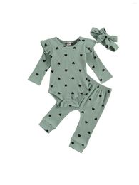 Clothing Sets Born Babys Ribbed Suit Girl Boy Heart Print Crew Neck Lace Long Sleeve Top Pants And Hairband 3-Piece Suits 0-24 Months