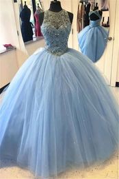 Blue Tulle Ball Gown Quinceanera Dresses Elegant Beadings Sequins Backless Off-Shoulder Cinderella Birthday Vestidos De 15 Anos