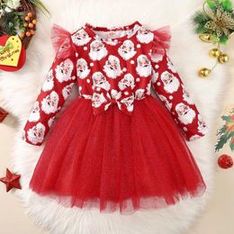 Special Occasions Christmas Infant Girls Dress Autumn Winter Long Sleeve Costumes Santa Prints Tulle Dresses Bow Tie Fluffy Princess Dress 1-6Ys T221014