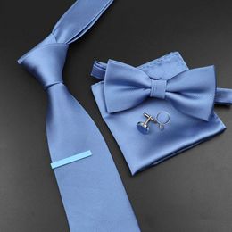 Bow Ties New Men's Tie Bowtie Set Luxury Business Worker Blue Black Solid Colour Silk Polyester Jacquard Woven Necktie Suit Wedding Party L221022