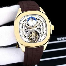 Men's mechanical watch 316 steel case hollow out Chinese super movement automatic winding rose gold dial 46mm multi-color rubber belt Nautilus watch