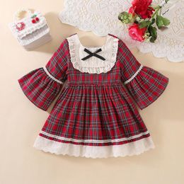 Girl Dresses Infant Girls Half Sleeve Dress With Plaid Print Lace Flower Patchwork Bow Decoration Princess Costume