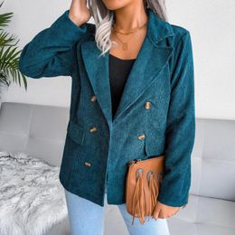 Women's Suits Fashion Office Ladies Notched Collar Women Blazer Double Breasted Autumn Denim Jacket 2022 Casual Pockets Female Coat