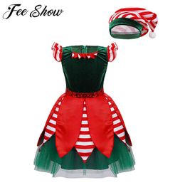 Special Occasions 4-14Y Elf Christmas Dress for Girls Kids Children Sequins Stripes Print Mesh Dress with Hat for Girl Xmas Party Princess Costume T221014