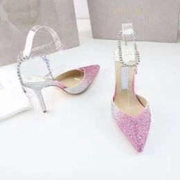 Cinderella Sandals Pointed High Heel Slippers Wedding Bride Latte Leather Women's Crystal Decoration 34-42