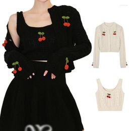 Women's Knits Womens 2 Piece Twist Knit Cute 3D Cherry Sweaters Set V-Neck Long Sleeve Button Cropped Cardigan With Cami Crop Tank Top