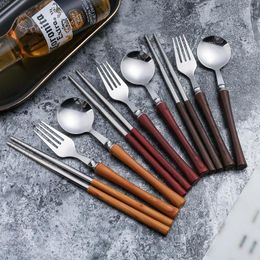 Dinnerware Sets Wooden Cutlery Portable Tableware Lmitation Wood 304 Stainless Steel Travel Suit Environmental With Case