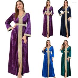 Ethnic Clothing Islamic Dubai Abaya Middle East Velvet Winter Women Long Dress Muslim V-neck Sleeve Maxi Robe Moroccan Jalabiya Caftan Gown