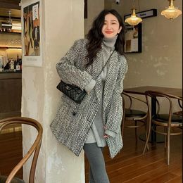 Women's Wool Women's & Blends Xiaoxiangfeng Black And White Herringbone Coat 2022 Autumn Winter Cotton Medium Long Suit Collar