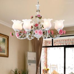 Pendant Lamps Floral E27 LED Chandelier White Flower Iron Alloy Chandeliers Dining Room Living Rose Lights Lamp Girls Bedroom D70