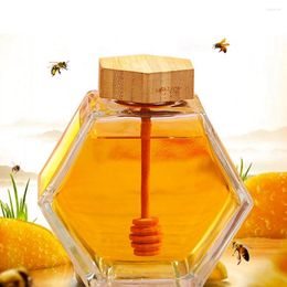 Storage Bottles Hexagonal Glass Honey Bottle With Wooden Pot Stirring Rod Sealing Clear Jam Jar Kitchen Home 220ML/380ML