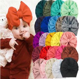 Hats Retail 1piece 7.5" Big Knot Bow Turban Baby Girls Toddler Winter Beanie Caps Cute Infant Head Wrap Born Hair Accessories