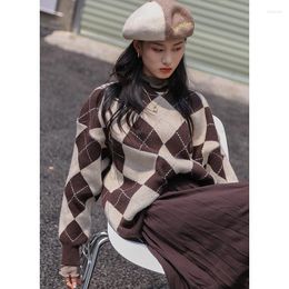 Women's Sweaters Plaid Sweater Temperament Ox Horn Buckle Compound Coffee Pullover Autumn And Winter Loose Round Neck Top Fashion