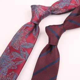 Bow Ties Wedding Men Tie 7CM Red Floral For Party Shirt Suit Bridegroom Long Necktie Polyester Silk Jacquard Neck