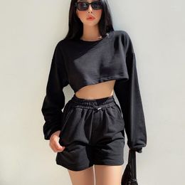 Women's Tracksuits Women Crew Neck Drop Shoulders Cropped Sweatshirt Co-ord Set Cotton Sweat & Shorts