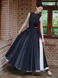 Casual Dresses Vintage Chinese Style Long Maxi Large Swing Dress Black Backless Crotch Top& White Elastic Skirt & Lace-up Women Set