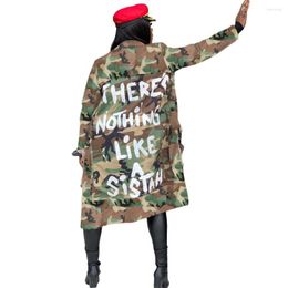 Women's Trench Coats Women's Long Jackets Streetwear Army Green Camouflage Printing Letter Loose Overcoat Female Outwear