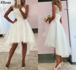 Hi-lo Summer Beach Short A Line Wedding Dresses Jewel Neck Lace Appliques Beaded Boho Bridal Gowns For Women Plus Size Simple Fashion Second Reception Dress CL0201