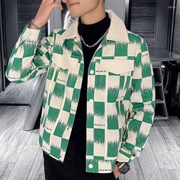 Men's Jackets 2022 Spring Version Lapel Lattice Splicing Mens Motorcycle Korean Slim Green British Trend Casual Jacket