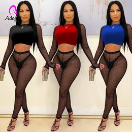 Women's Two Piece Pants Fitness Women 2 Set Mesh Stitching Long Sleeve Crop Top See Through High Waist Matching Sexy Night Club Outfits