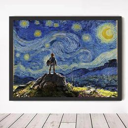 Canvas Painting The Legend of Zelda Poster Van Gogh Starry Night Pictures Japanese anime game Wall Art Living Room Decor Home Decor Frameless