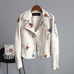 Women's Leather Women Vintage Faux Jacket Spring Autumn Floral Embroidery Zipper Short Coat Wman Motorcycle Biker Outerwear