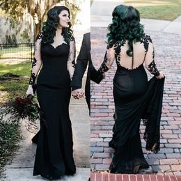 Black Gothic Mermaid Wedding Dresses Bridal Gown Scoop Neck Long Sleeves Lace Applique Beach Ruffles Custom Made Vestidos De Novia
