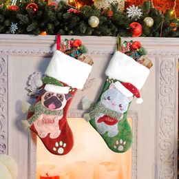 Cat Dog Christmas Stocking Handmade Xmas Fireplace Hanging Stockings Decoration for Family Holiday Party Decor