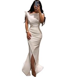 White Dubai Mermaid Evening Dresses Sleeveless Side Split Pleat Ruched Saudi Arabic Women Formal Party Prom Gowns 2023