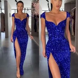 2023 Sparkly Royal Blue Paillettes Abiti da ballo Sirena Fessura laterale Lunghezza del pavimento Custom Made Increspato Abiti da sera Abiti da cerimonia Abiti da cerimonia