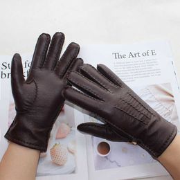 Cycling Gloves New women's deerskin gloves ather Colour fashion wool knitted lining hand-stitched outdoor driving and cycling warm L221024