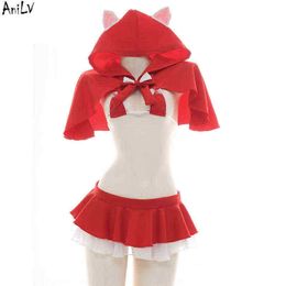 Stage Wear AniLV Christmas Role Play Little Red Riding Hood Underwear Swimsuit Come Women Sexy Hooded Cloak Lingerie Pajamas Cosplay T220901